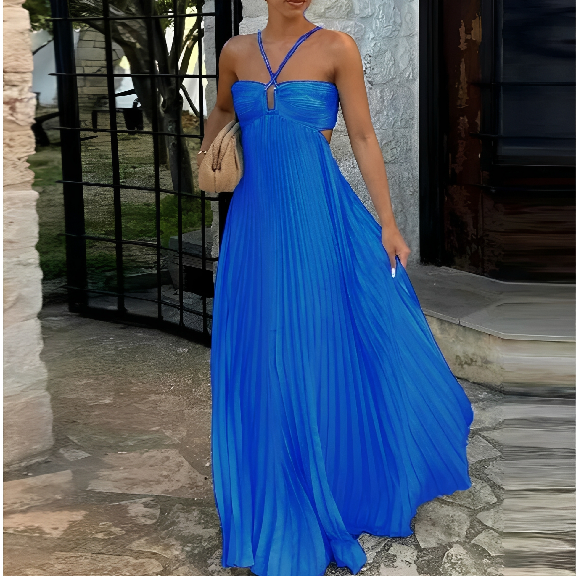 Abito Maxi Donna | Gonna Plissettata & Allacciatura al Collo Sensuale
