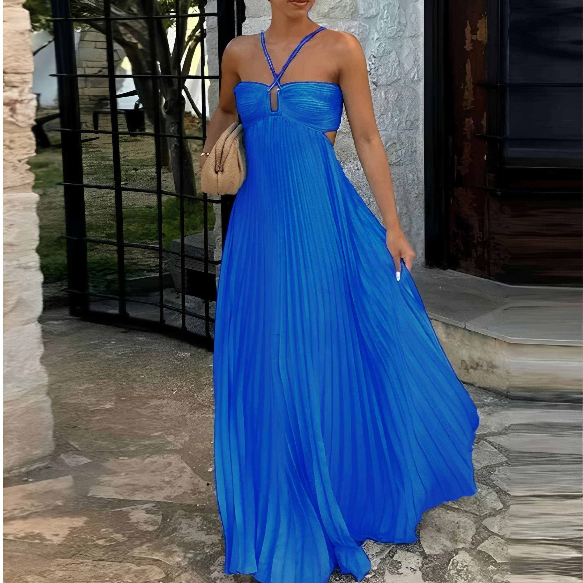 Abito Maxi Donna | Gonna Plissettata & Allacciatura al Collo Sensuale
