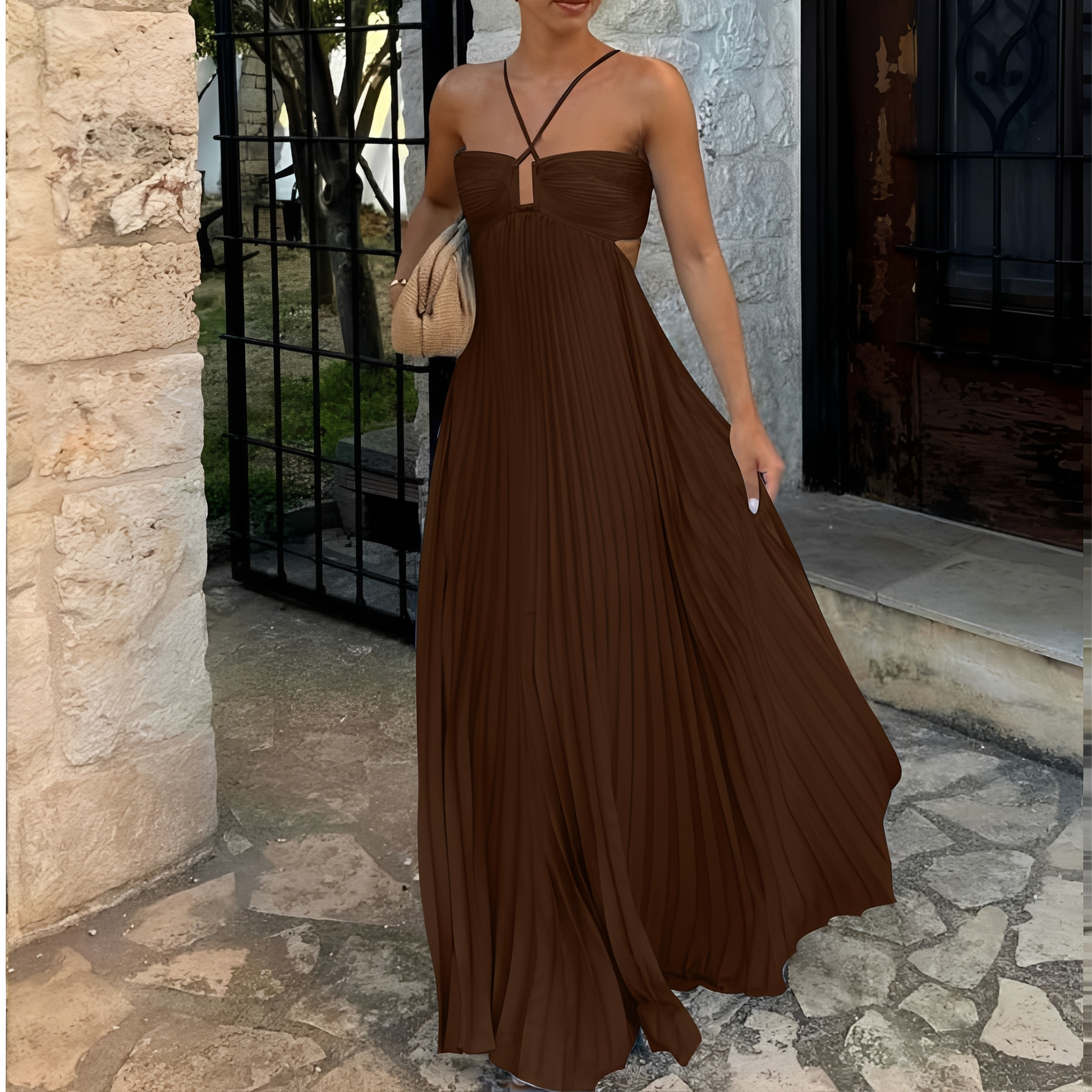 Abito Maxi Donna | Gonna Plissettata & Allacciatura al Collo Sensuale