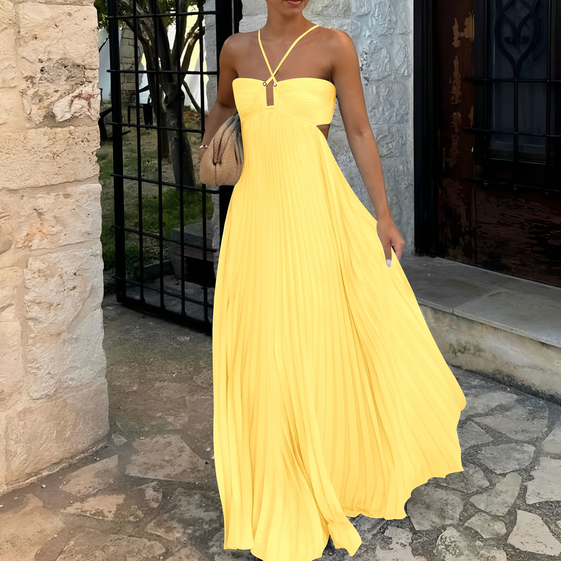 Abito Maxi Donna | Gonna Plissettata & Allacciatura al Collo Sensuale