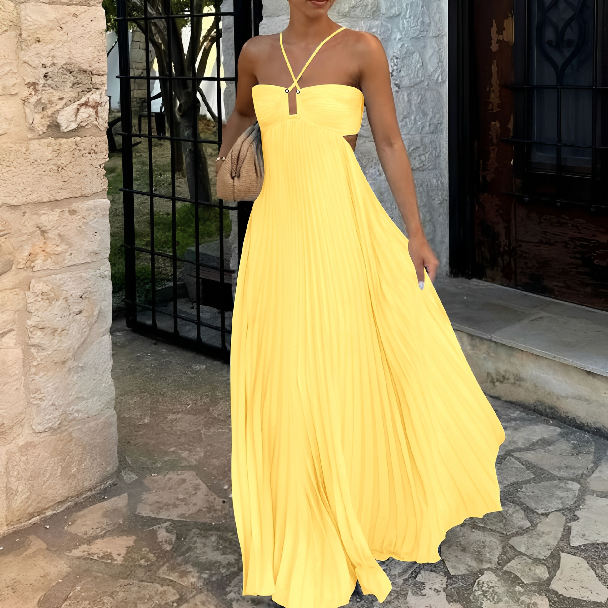 Abito Maxi Donna | Gonna Plissettata & Allacciatura al Collo Sensuale