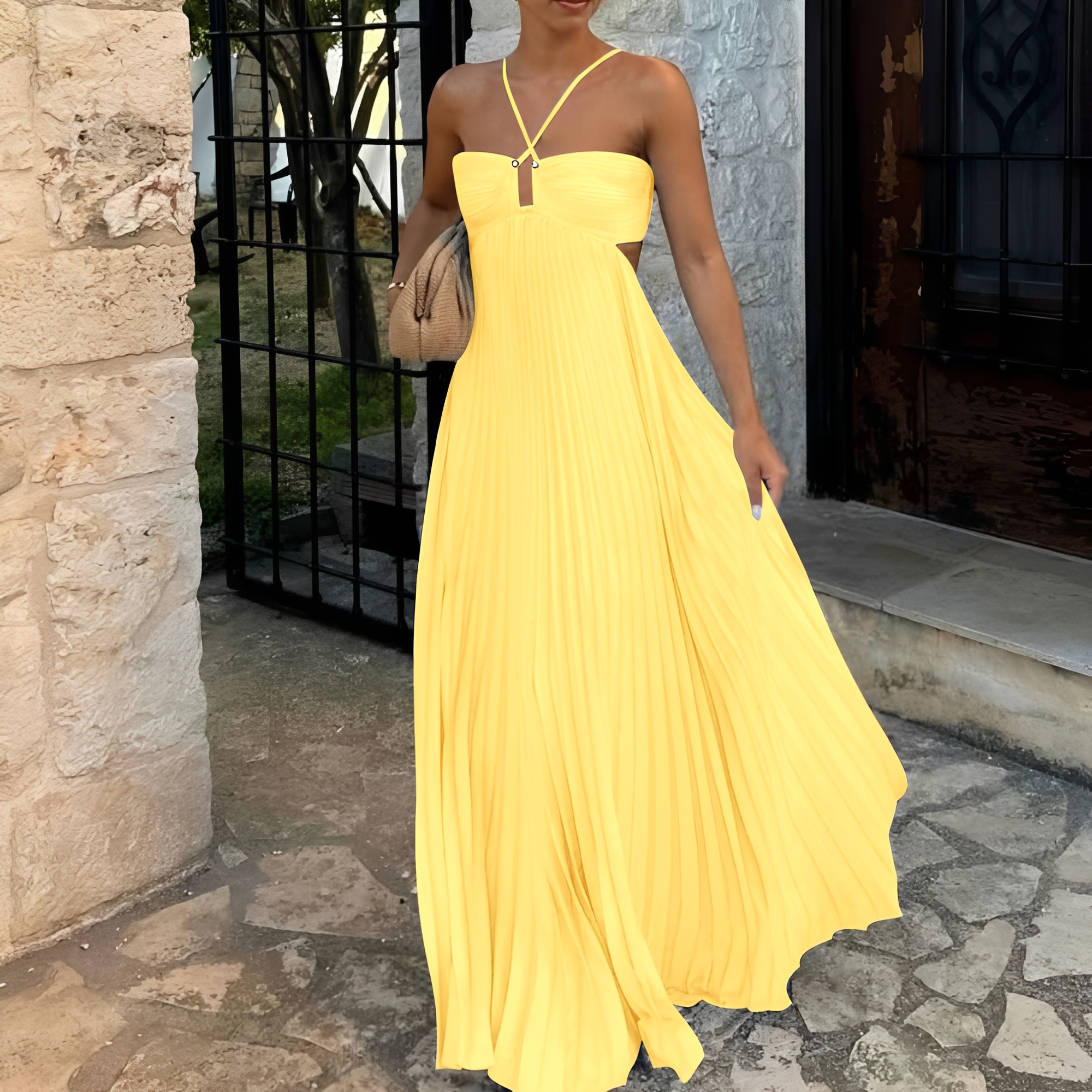 Abito Maxi Donna | Gonna Plissettata & Allacciatura al Collo Sensuale