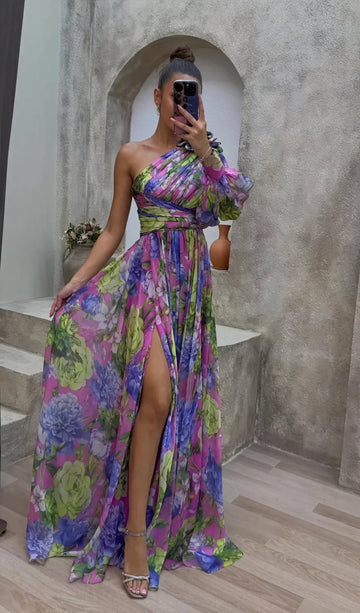 Abito Maxi Donna | Monospalla Floreale & Spacco Scenografico