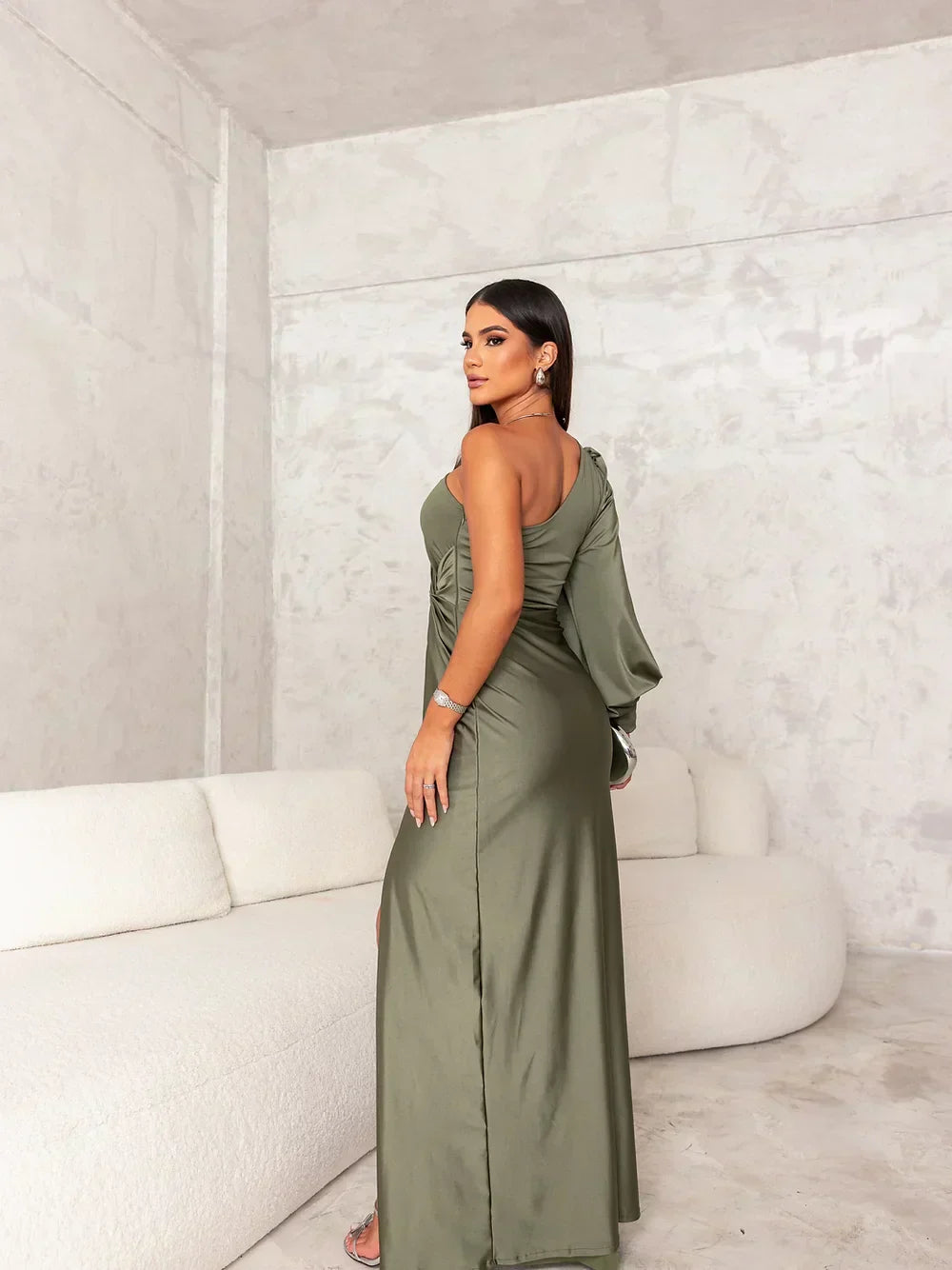 Women's Maxi Dress | One-Shoulder with Draping & Side Slit