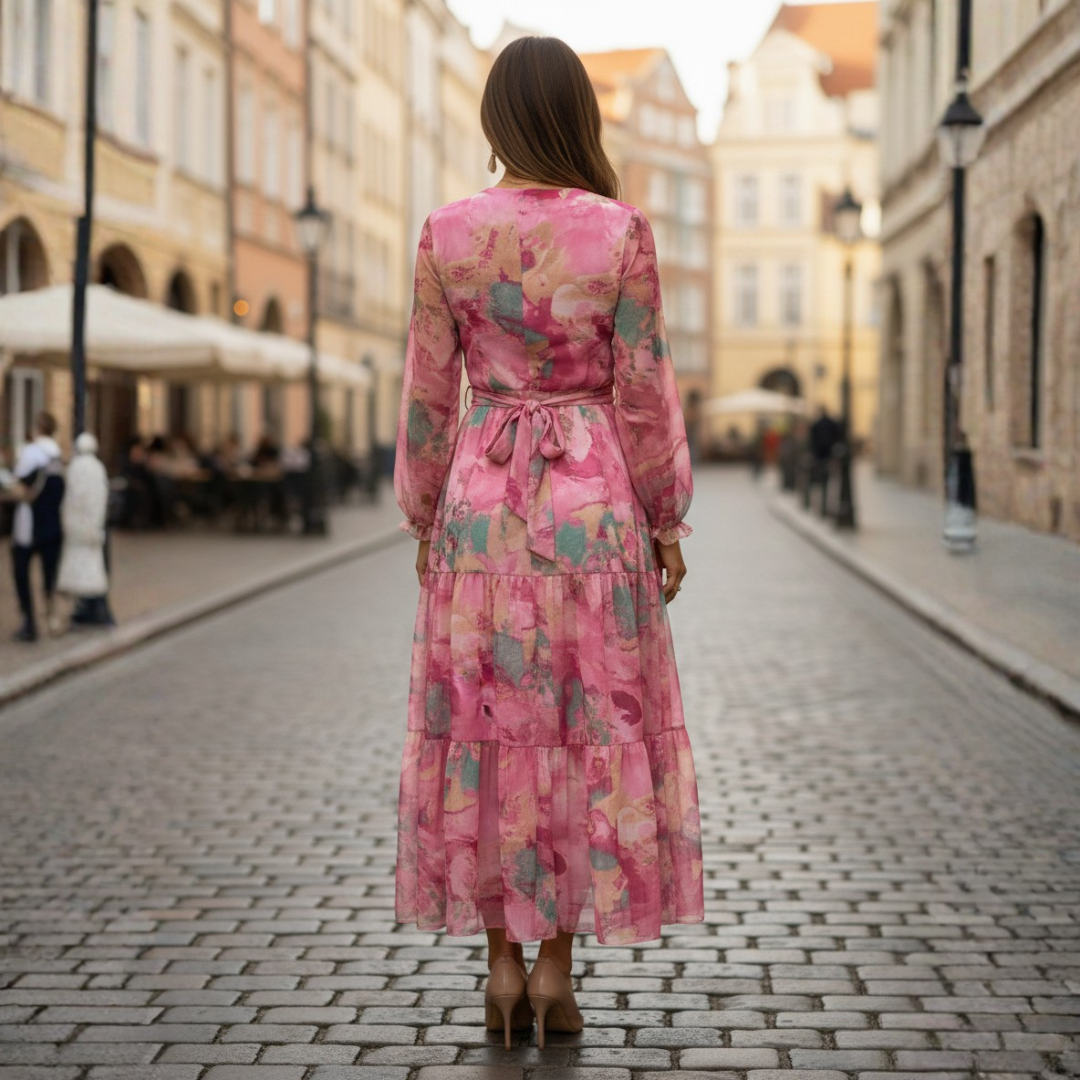 Abito Maxi a Portafoglio Stampa Floreale Maniche Lunghe Donna Rosa 1