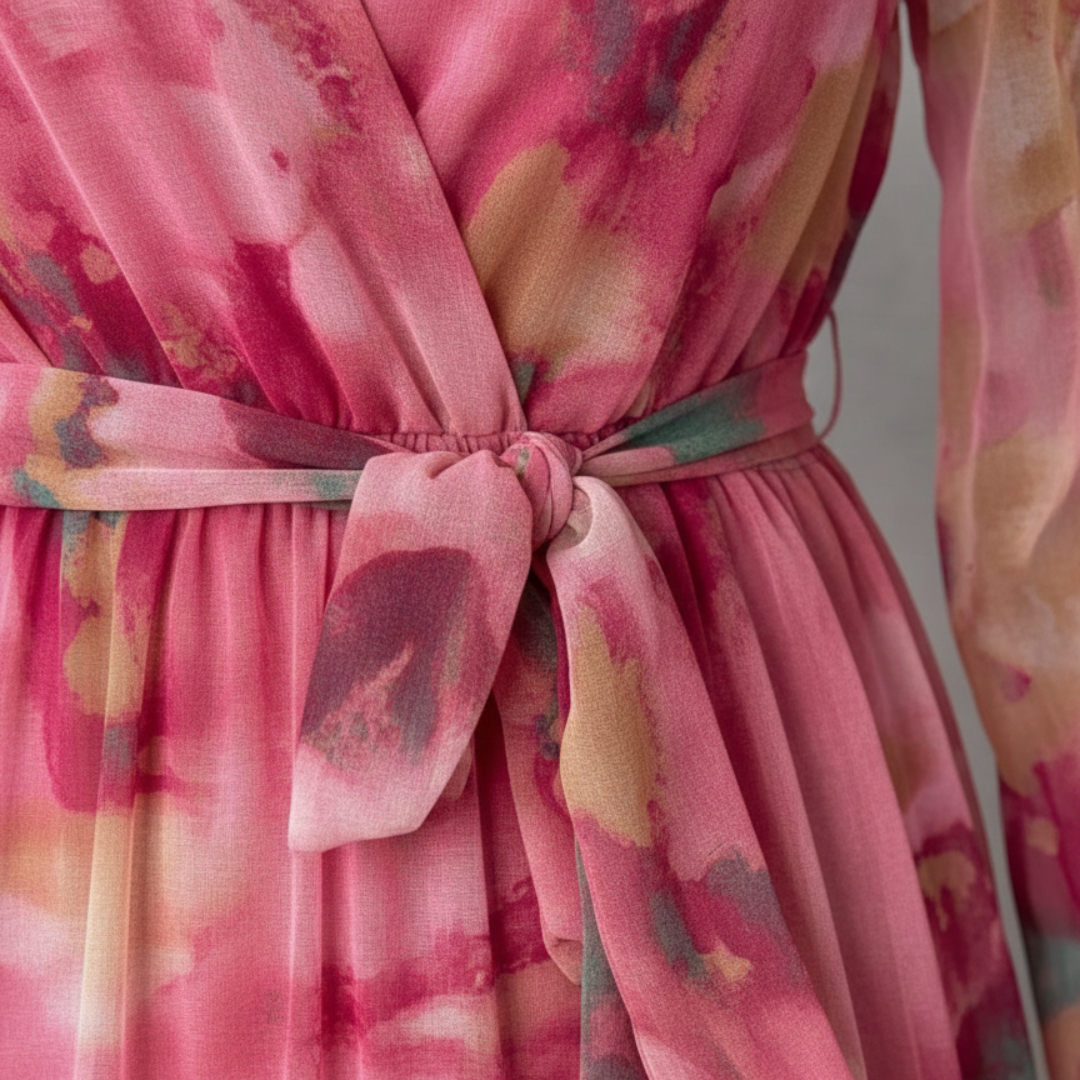 Abito Maxi a Portafoglio Stampa Floreale Maniche Lunghe Donna Rosa 2