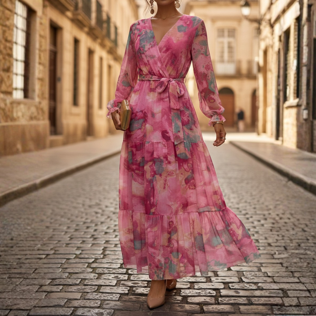 Abito Maxi a Portafoglio Stampa Floreale Maniche Lunghe Donna Rosa 0