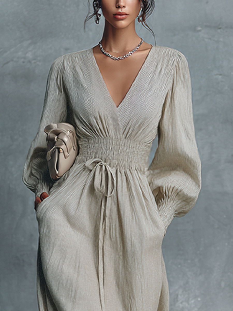 Abito Maxi Donna | Scollo a V & Vita Arricciata con Coulisse