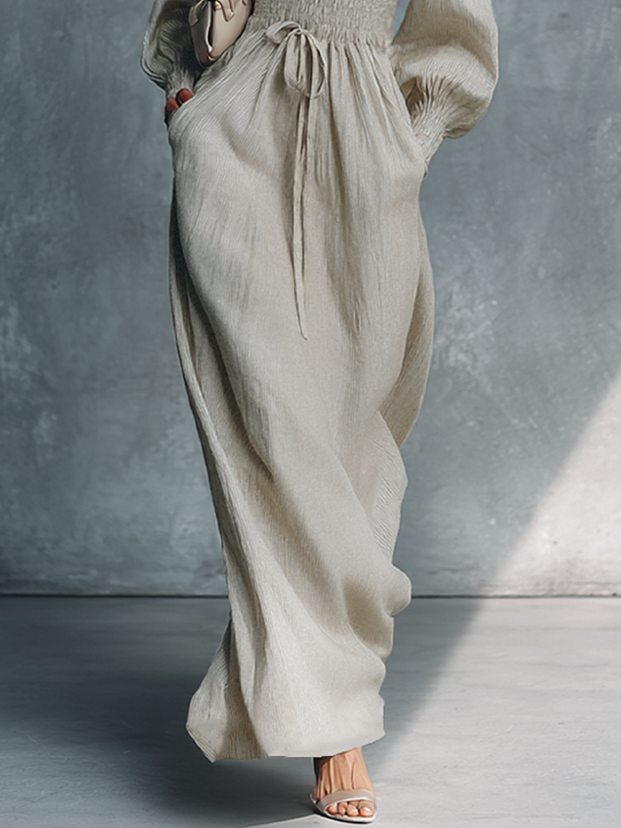 Abito Maxi Donna | Scollo a V & Vita Arricciata con Coulisse