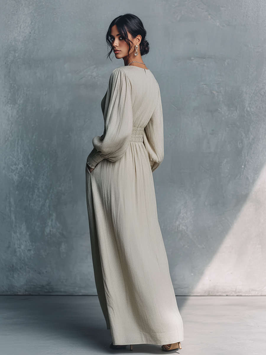 Abito Maxi Donna | Scollo a V & Vita Arricciata con Coulisse