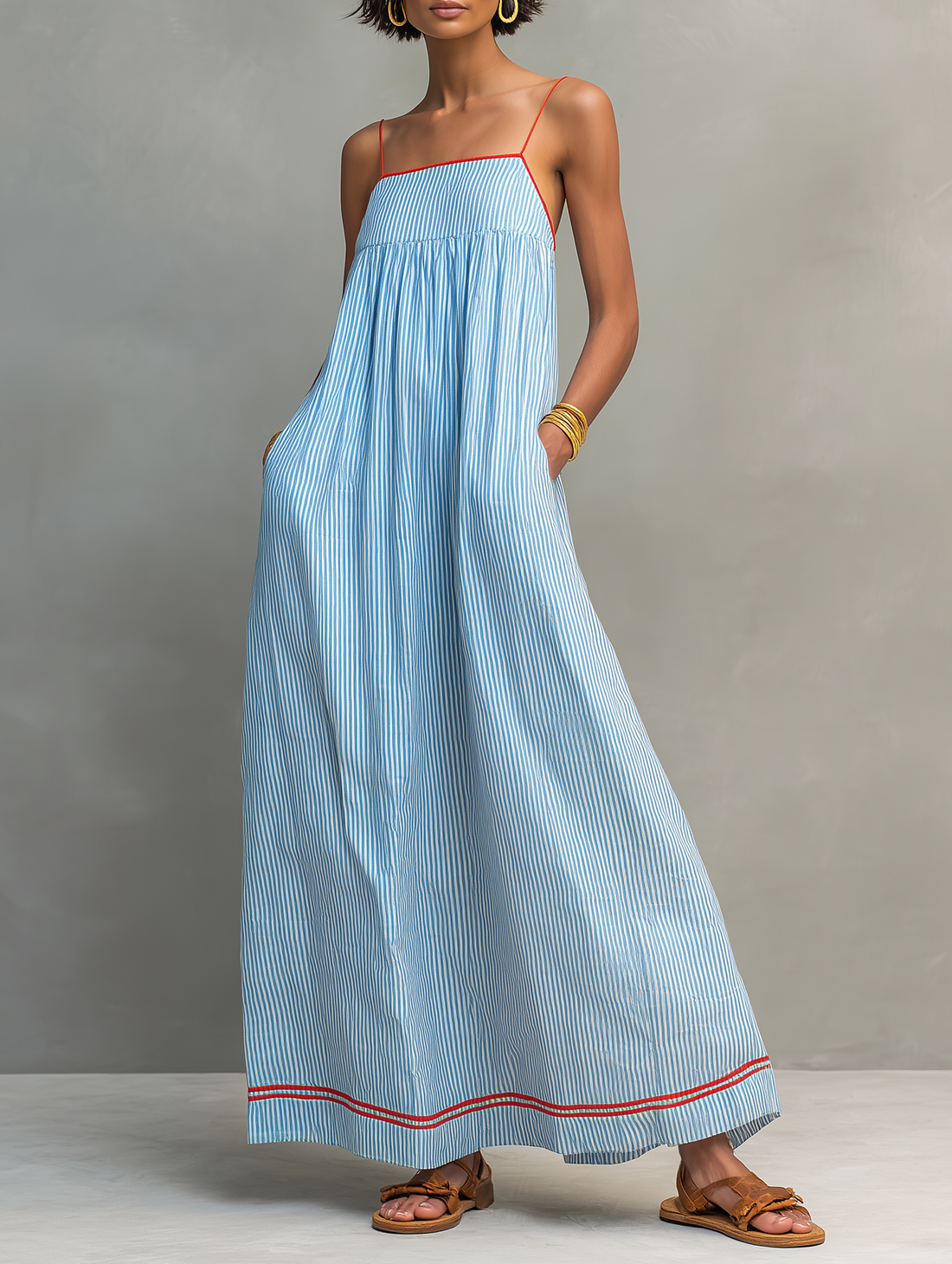 Abito Maxi Striped Minimalista da Donna con Bordo Rosso e Spalline a Spaghetti 0