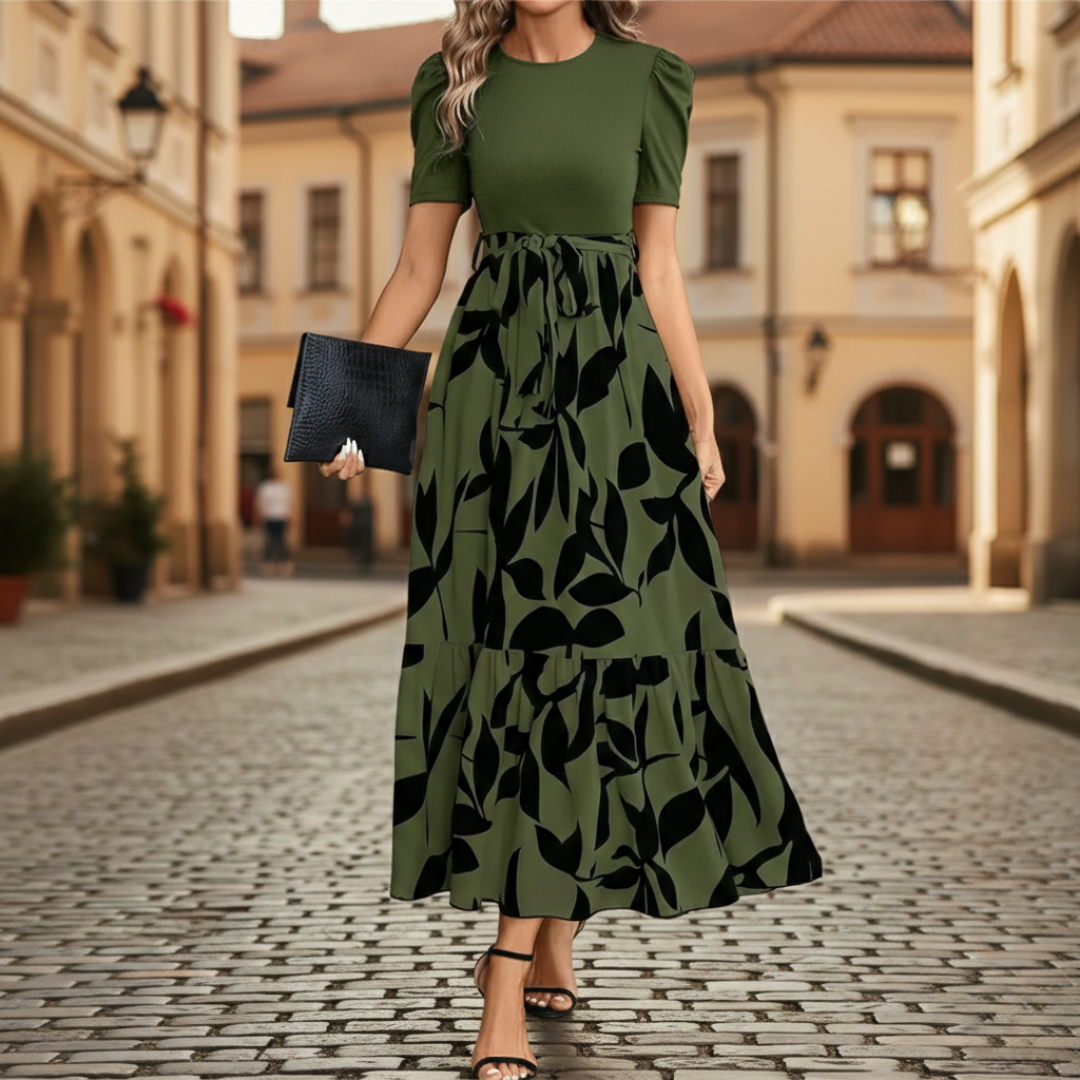 Abito Maxi a Balze Stampa Floreale Maniche Corte Donna 0