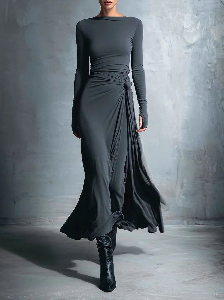 Abito Maxi in Jersey Elegante con Nodo Avvolgente