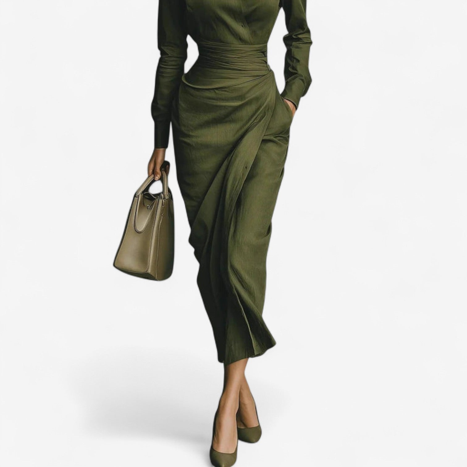 Abito Midi Donna | Colletto Camicia & Drappeggio Asimmetrico