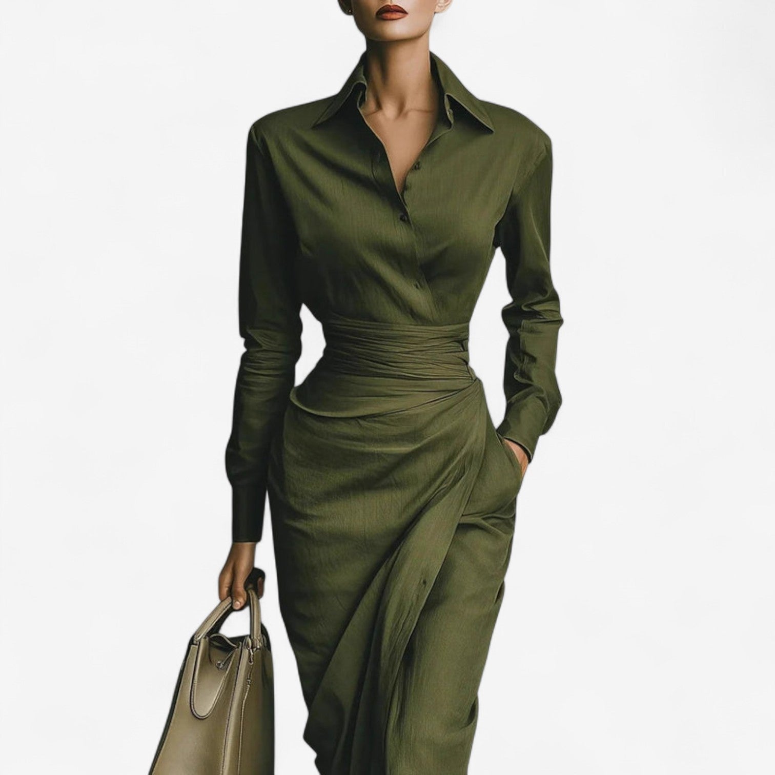 Abito Midi Donna | Colletto Camicia & Drappeggio Asimmetrico