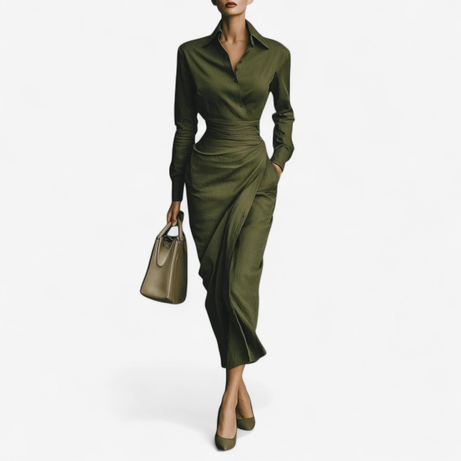 Abito Midi Donna | Colletto Camicia & Drappeggio Asimmetrico