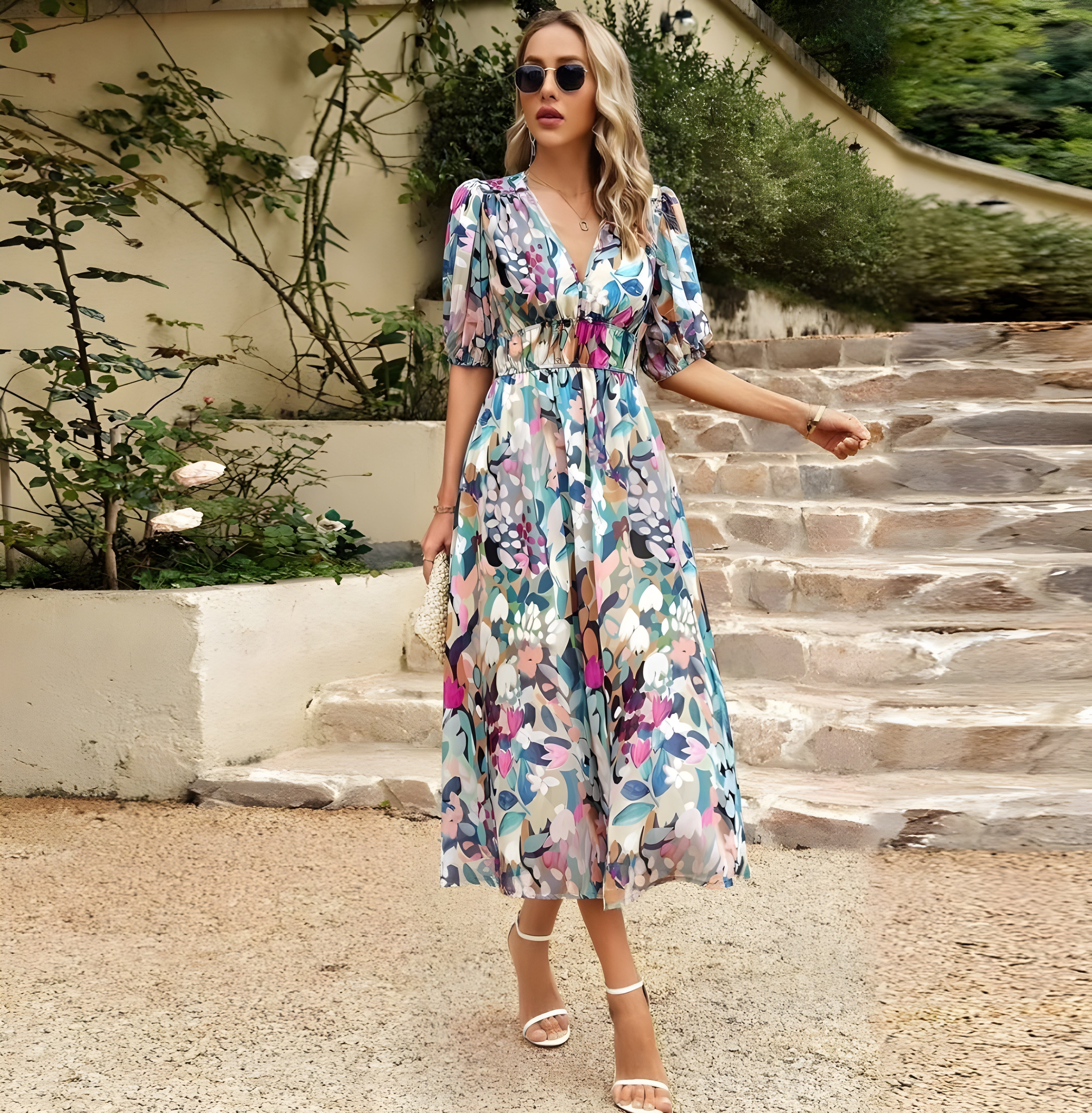 Abito Midi Donna | Floreale con Scollo a V & Maniche a Palloncino