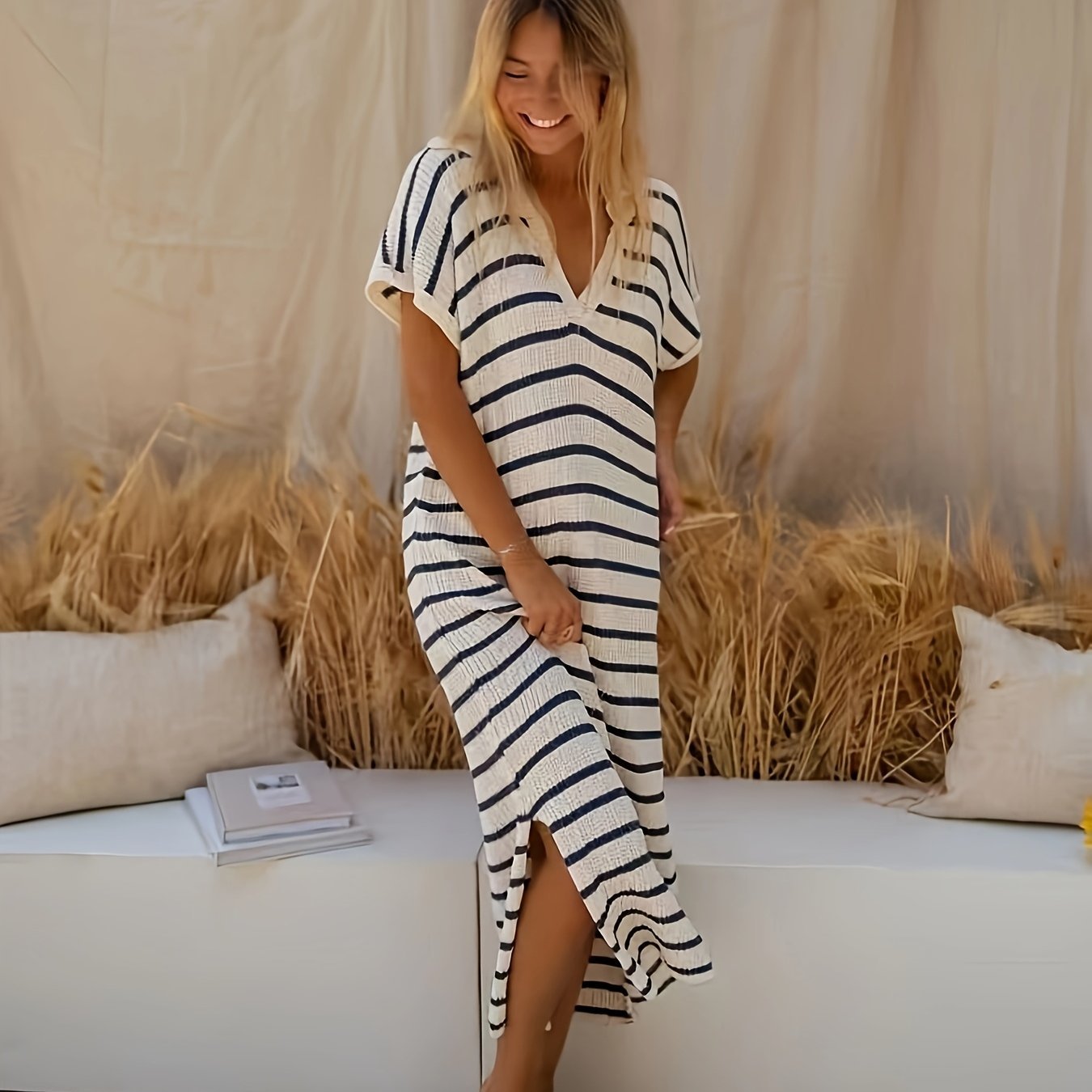 Abito Midi Donna | Maglia a Righe con Scollo a V & Vestibilità Morbida