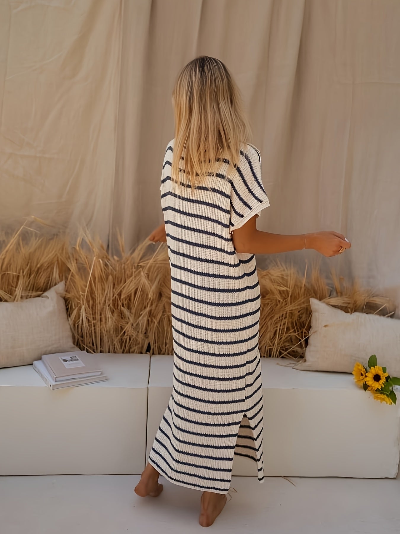Abito Midi Donna | Maglia a Righe con Scollo a V & Vestibilità Morbida