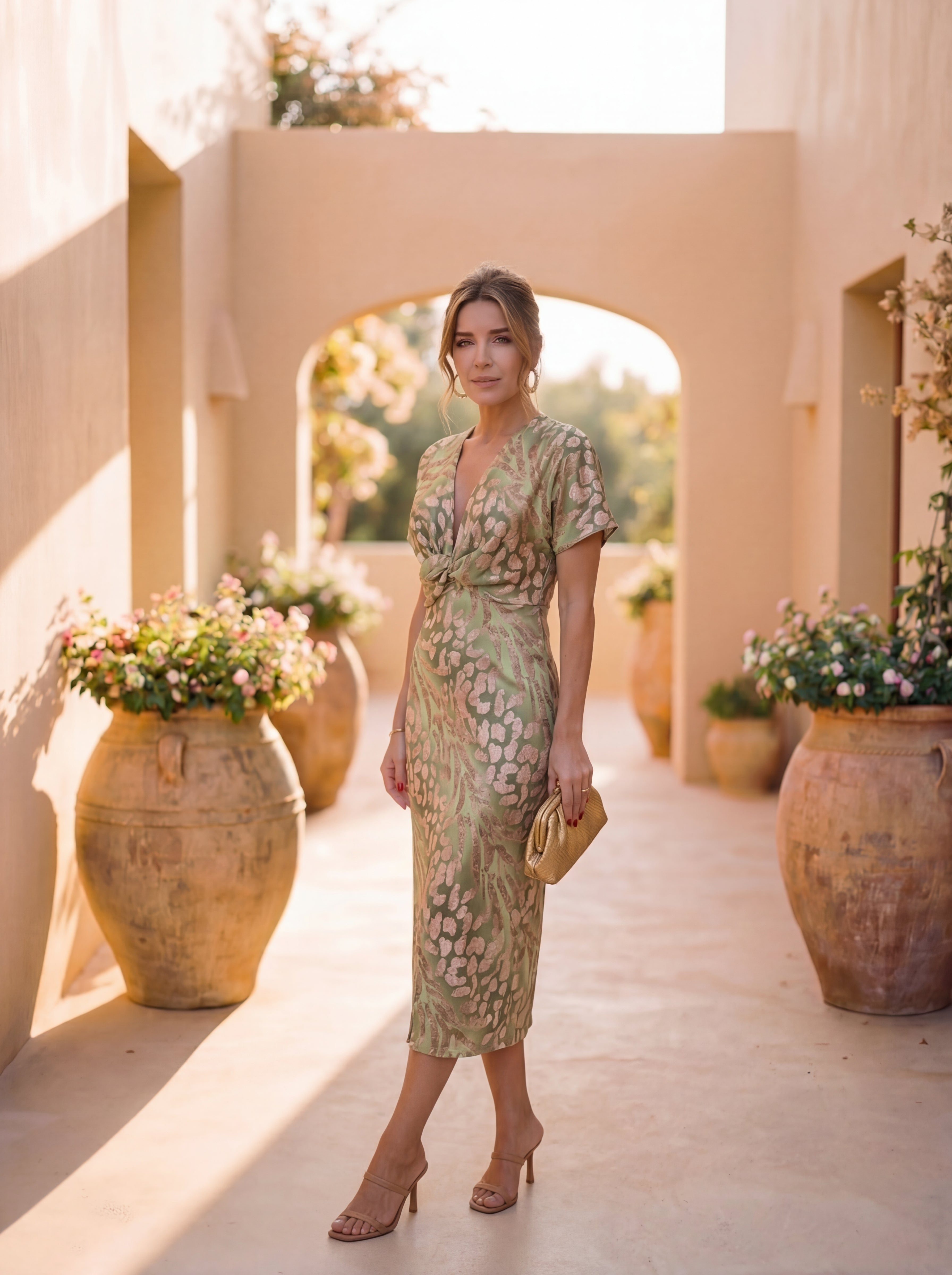 Abito Midi Donna | Nodo Twist & Stampa Metallica Animalier