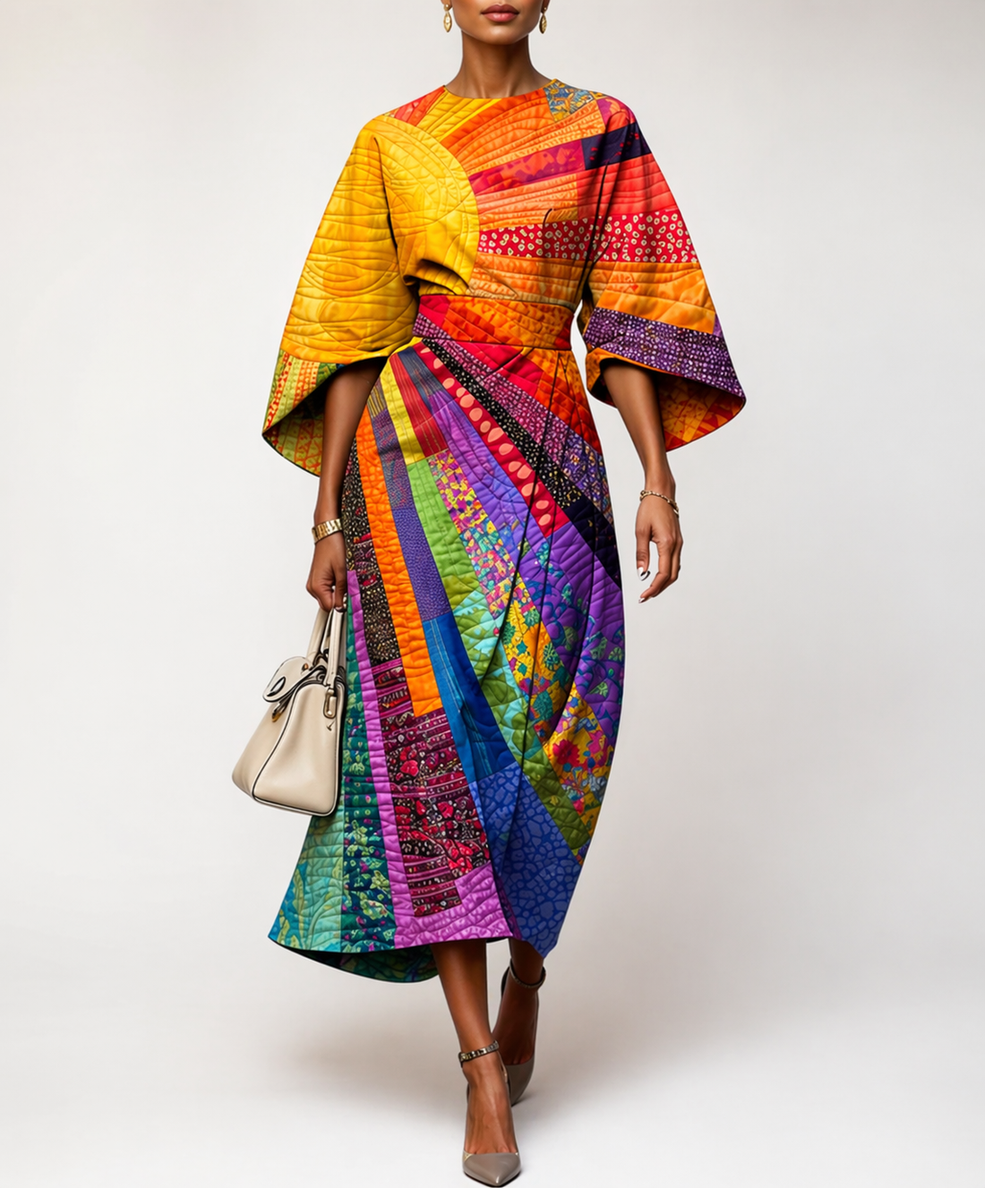 Abito Midi Donna | Patchwork Multicolore con Maniche Kimono & Stampa Artistica
