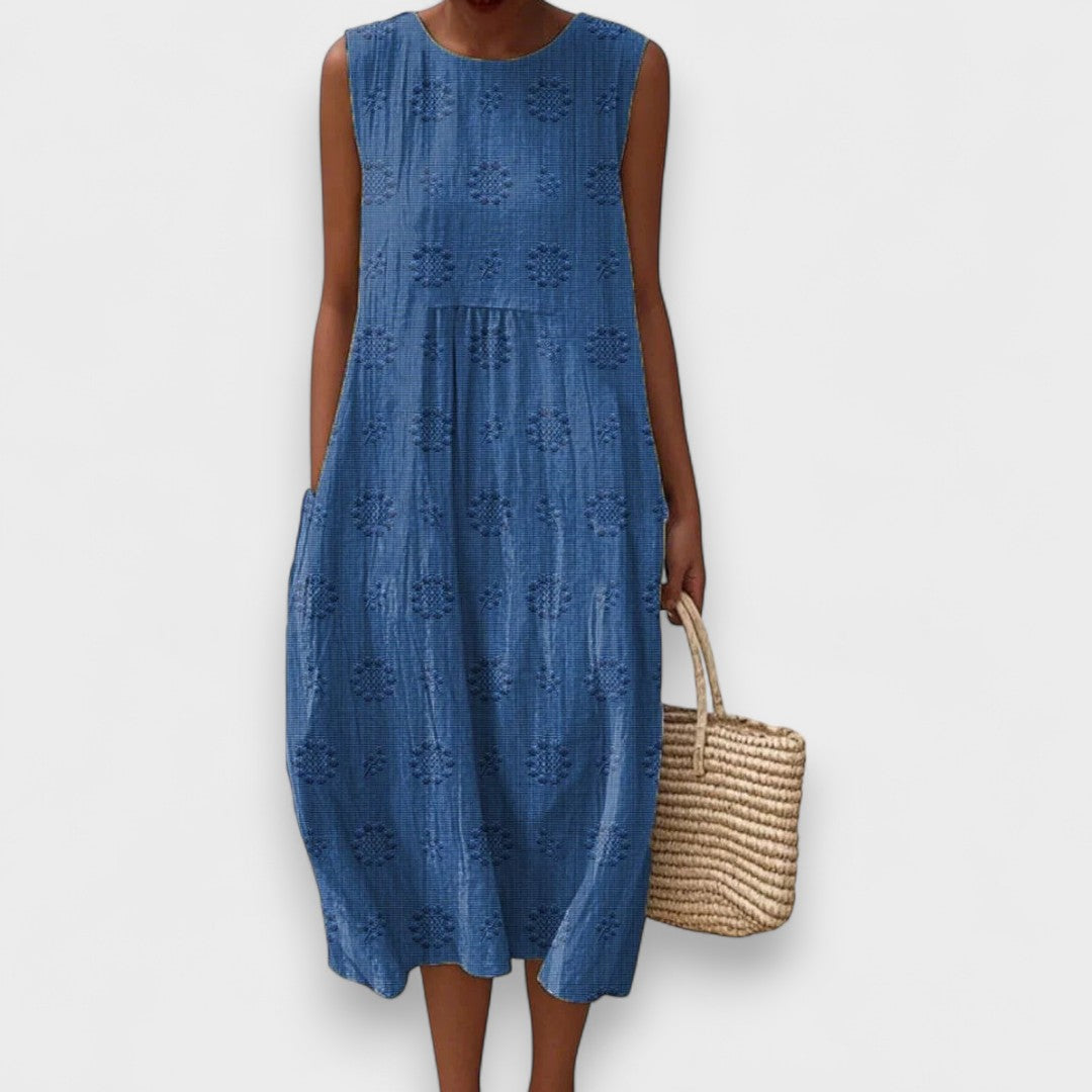 Abito Midi Donna | Ricami Floreali in Rilievo & Tasche Laterali
