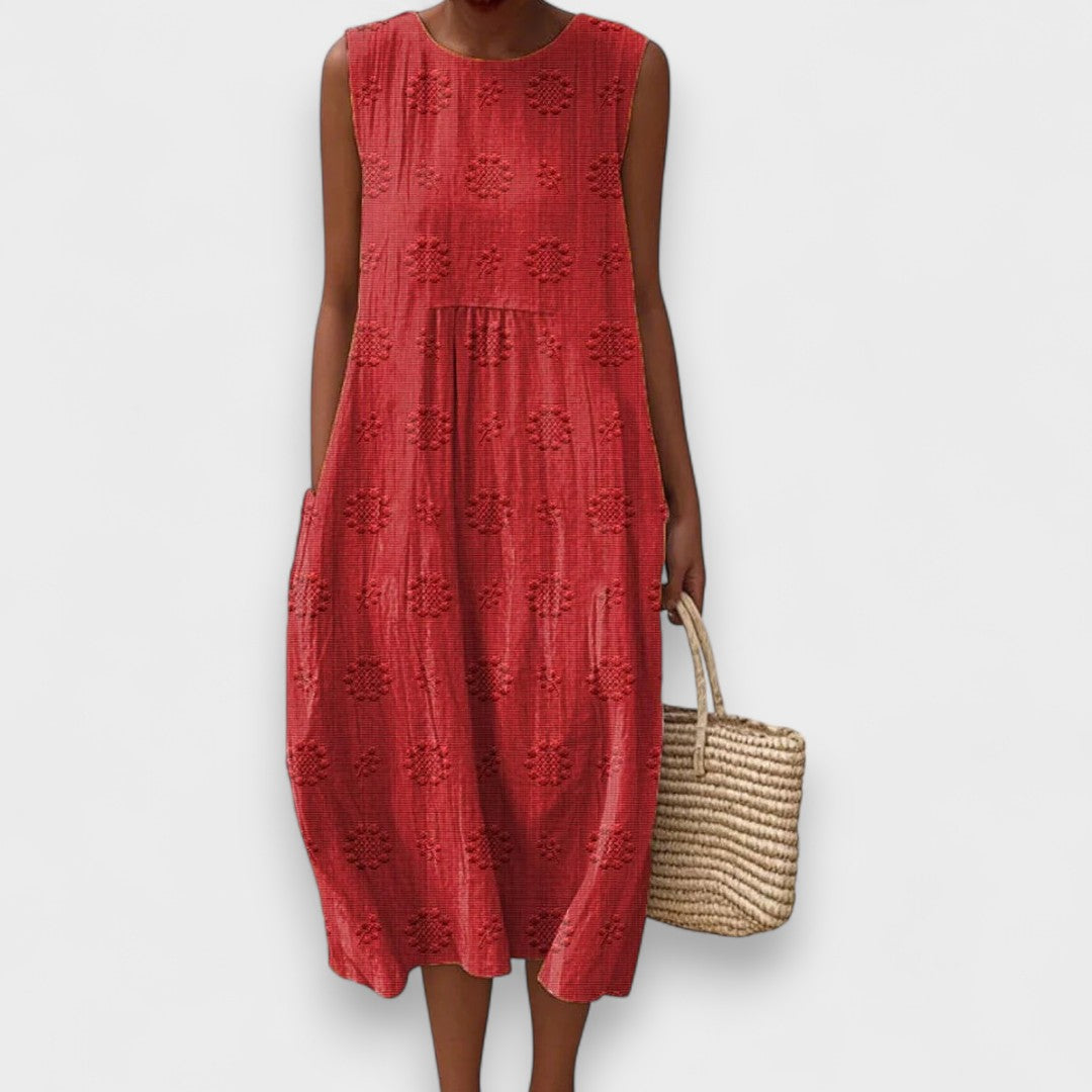 Abito Midi Donna | Ricami Floreali in Rilievo & Tasche Laterali