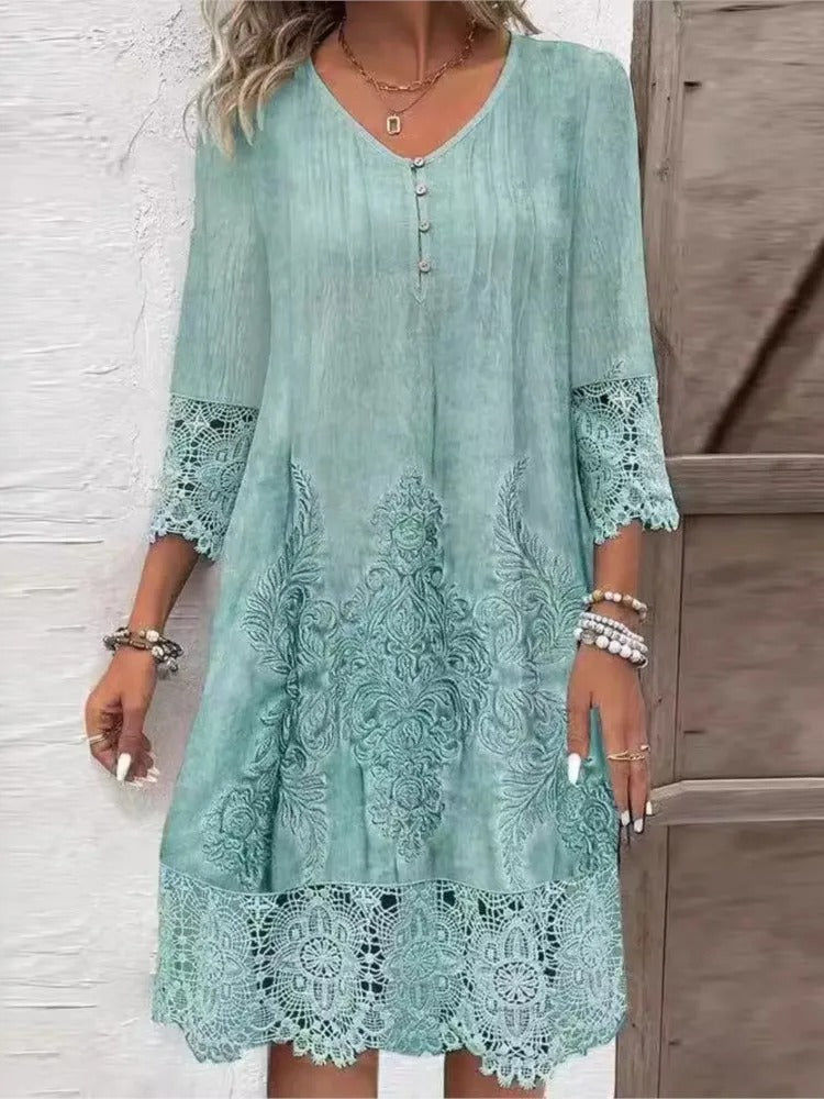 Abito Midi Donna | Ricamo Barocco Tono su Tono & Bordura in Pizzo
