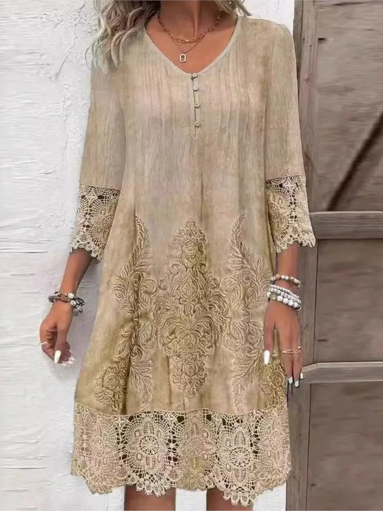Abito Midi Donna | Ricamo Barocco Tono su Tono & Bordura in Pizzo