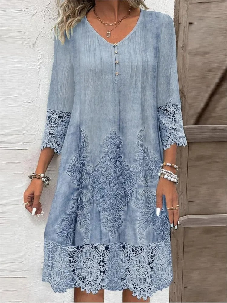 Abito Midi Donna | Ricamo Barocco Tono su Tono & Bordura in Pizzo