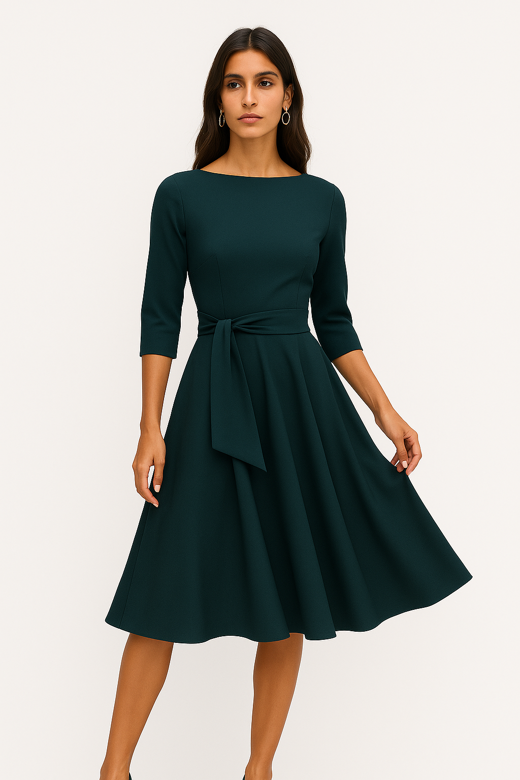 Abito Midi Donna | Scollatura a Barchetta & Gonna Svasata con Fiocco