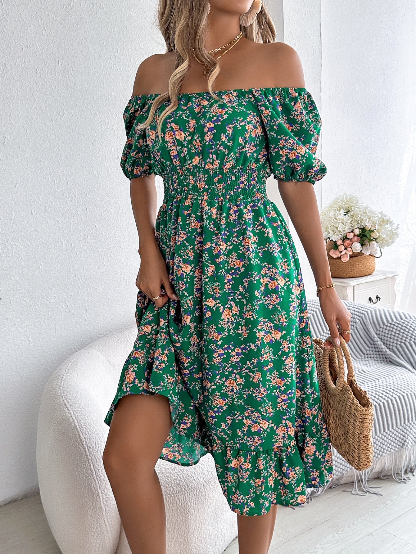Abito Midi Donna | Scollo Bardot & Stampa Floreale Romantica