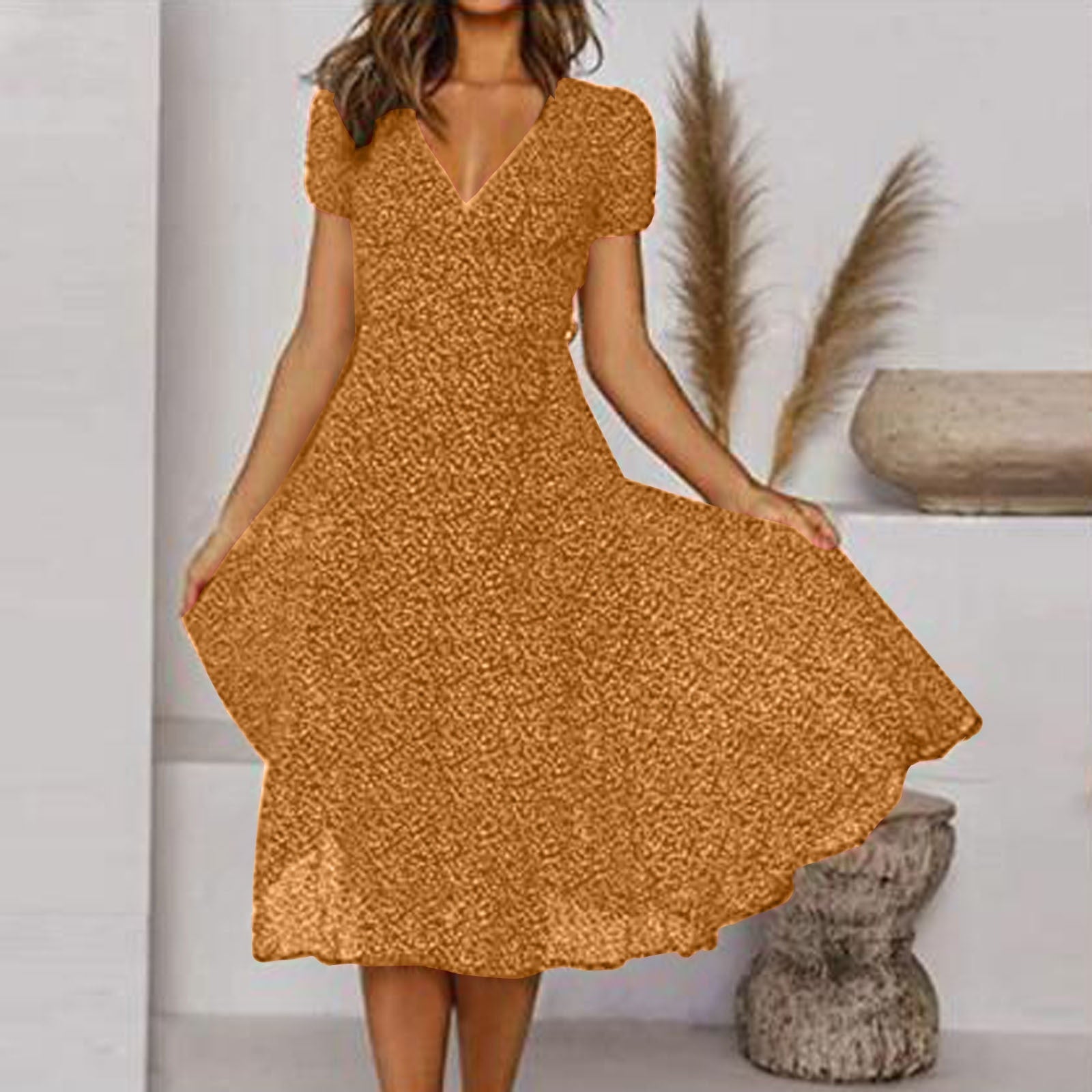 Abito Midi Donna | Scollo a V Profondo & Gonna Svolazzante