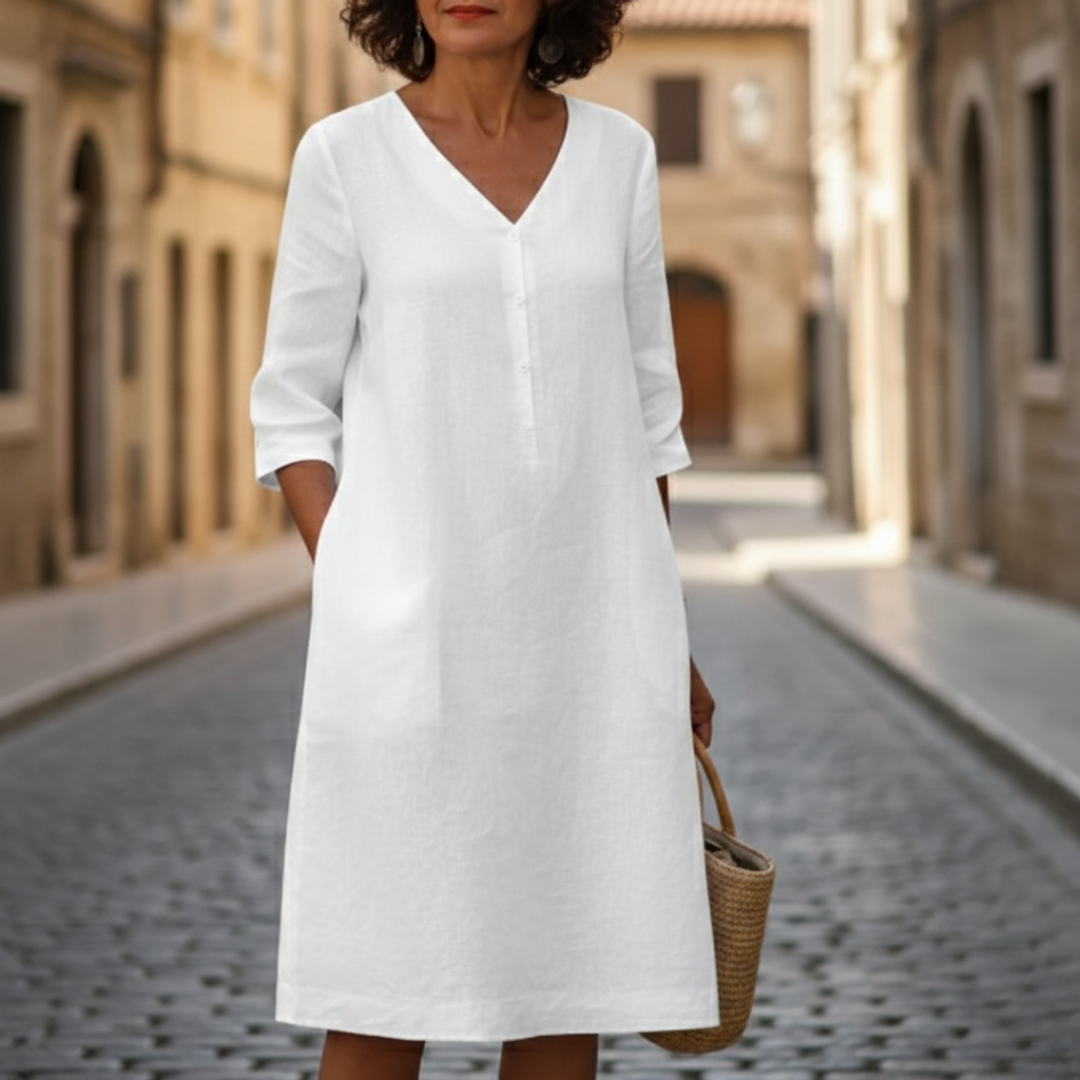 Abito Midi Scollo a V Maniche a 3/4 in Lino con Tasche Donna 5