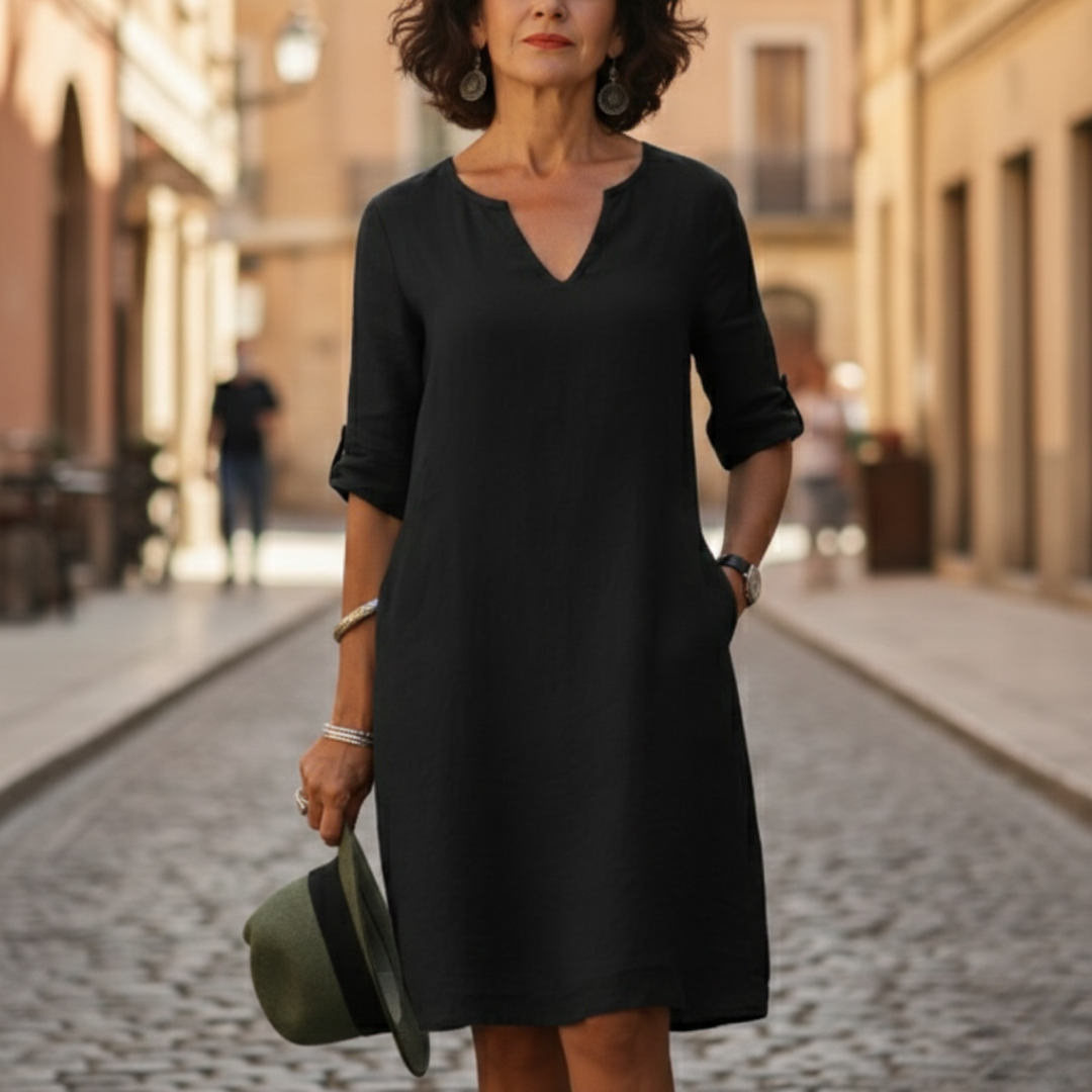 Abito Midi Scollo a V Maniche a 3/4 in Lino con Tasche Donna 7