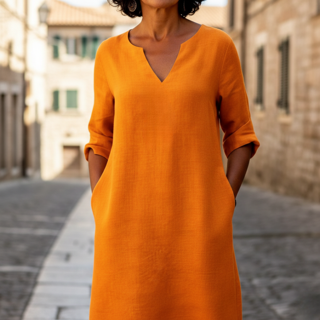 Abito Midi Scollo a V Maniche a 3/4 in Lino con Tasche Donna 9