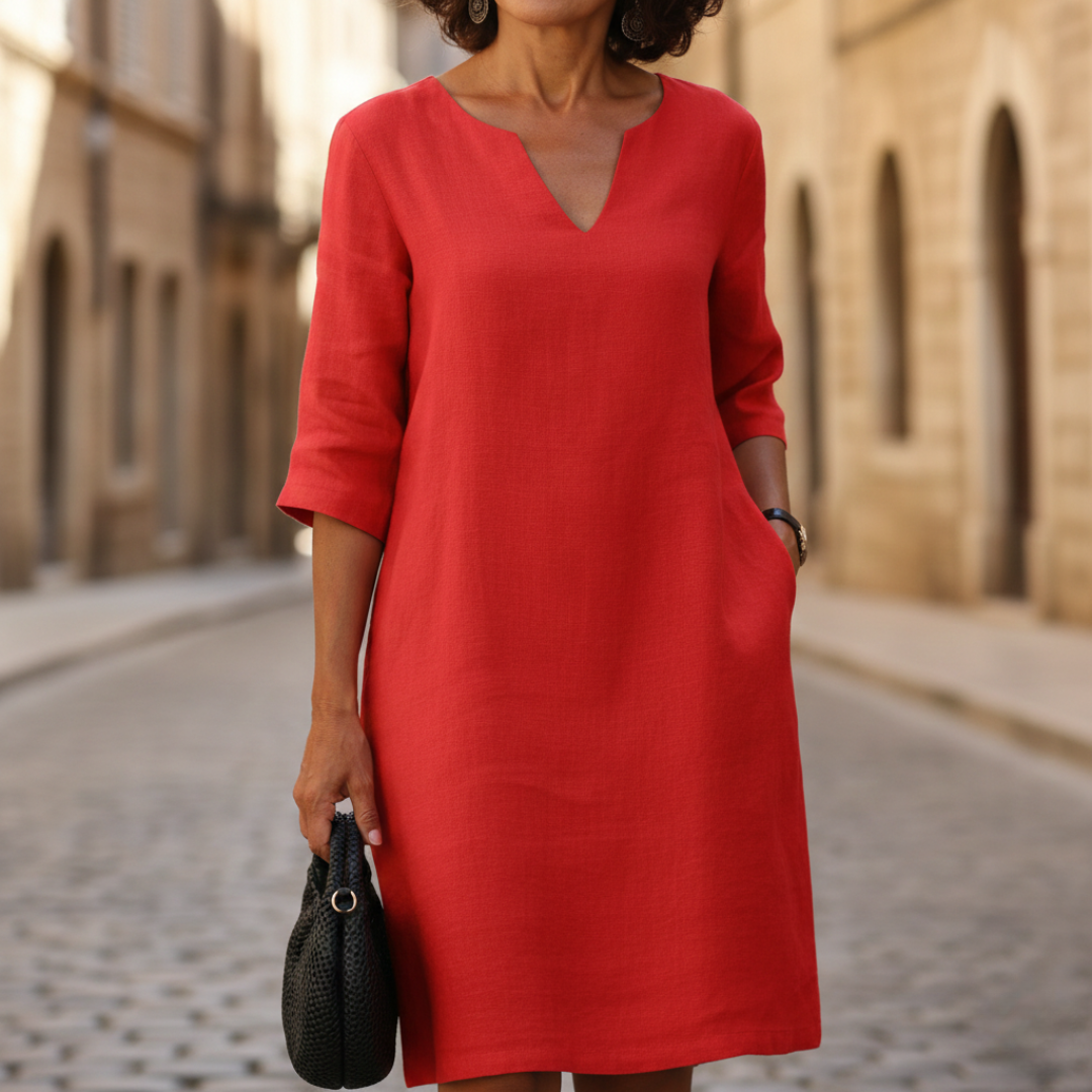 Abito Midi Scollo a V Maniche a 3/4 in Lino con Tasche Donna 4