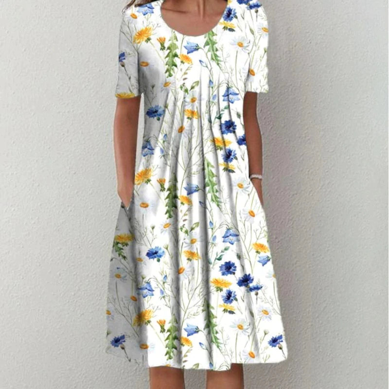 Abito Midi Donna | Stampa Fiori di Campo & Vita Plissettata con Tasche