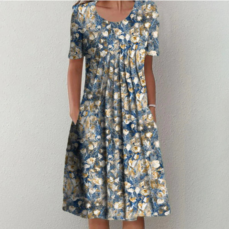 Abito Midi Donna | Stampa Fiori di Campo & Vita Plissettata con Tasche
