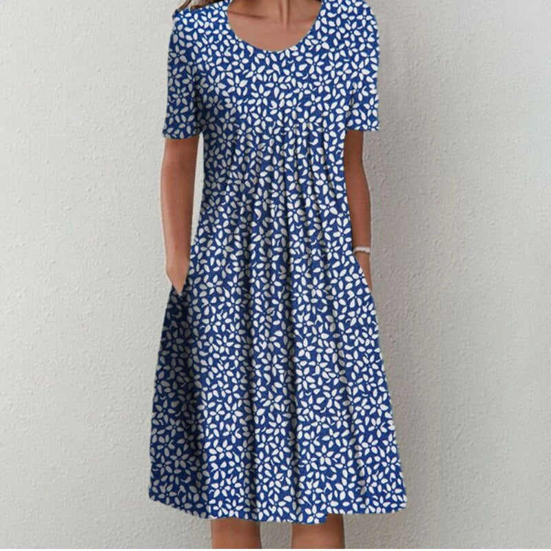 Abito Midi Donna | Stampa Fiori di Campo & Vita Plissettata con Tasche