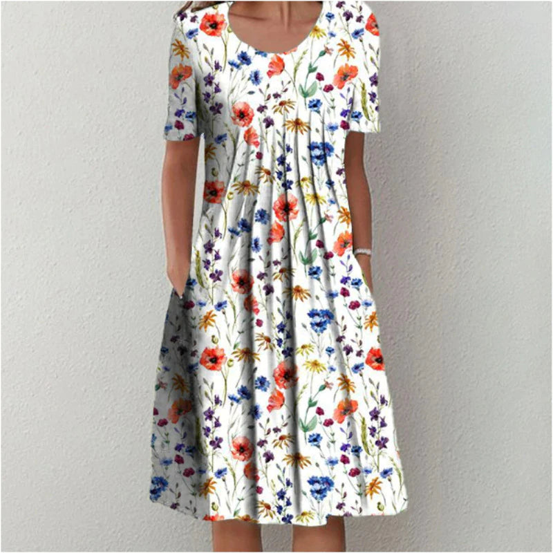 Abito Midi Donna | Stampa Fiori di Campo & Vita Plissettata con Tasche