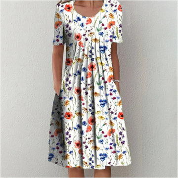 Abito Midi Donna | Stampa Fiori di Campo & Vita Plissettata con Tasche
