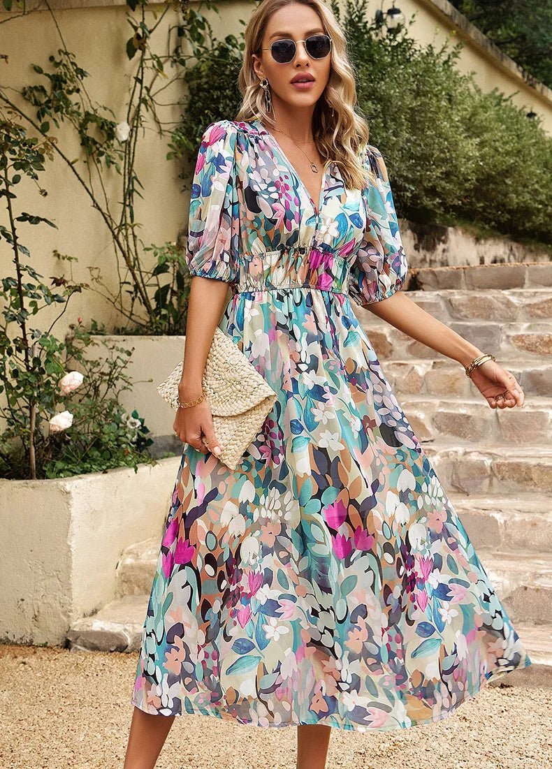 Abito Midi Donna | Stampa Floreale Artistica & Maniche a Palloncino