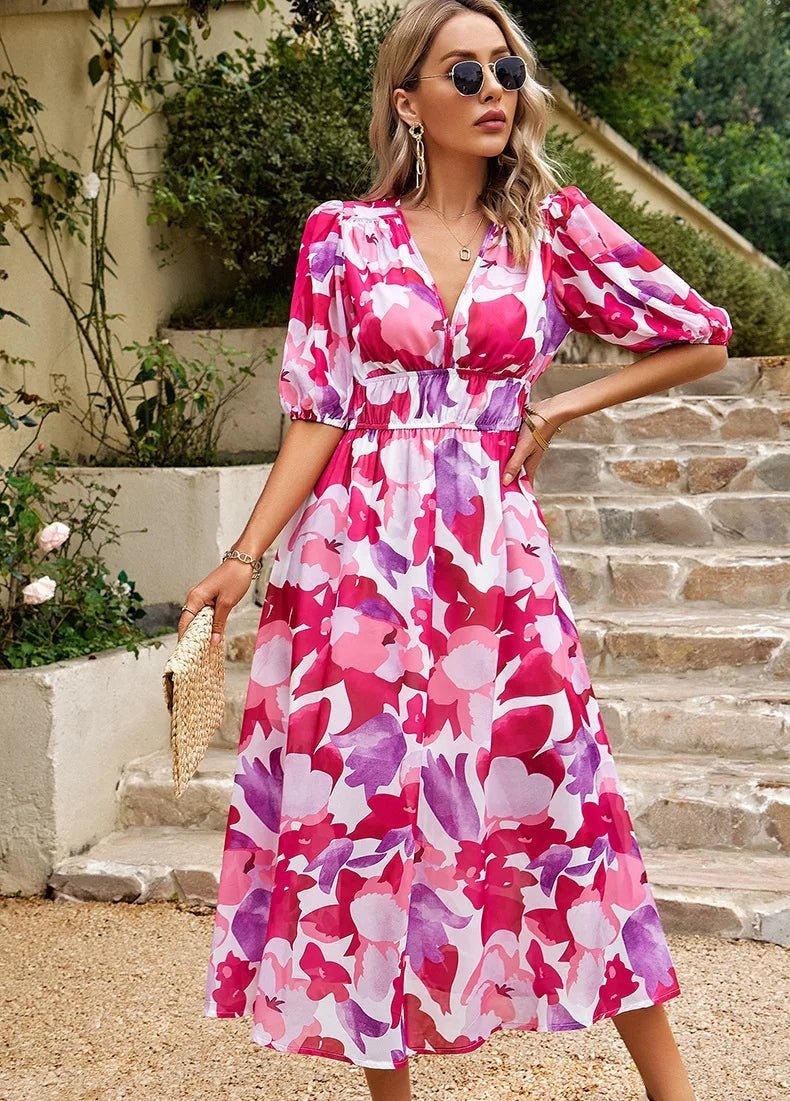 Abito Midi Donna | Stampa Floreale Artistica & Maniche a Palloncino
