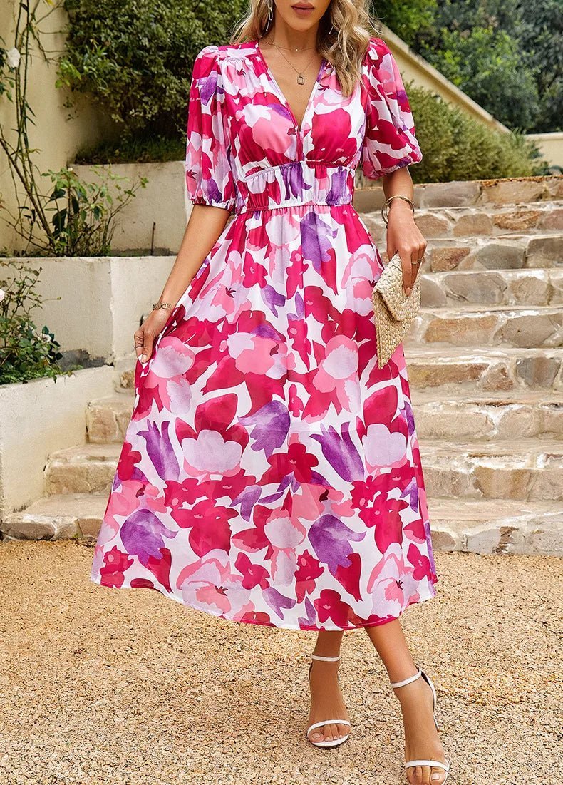 Abito Midi Donna | Stampa Floreale Artistica & Maniche a Palloncino