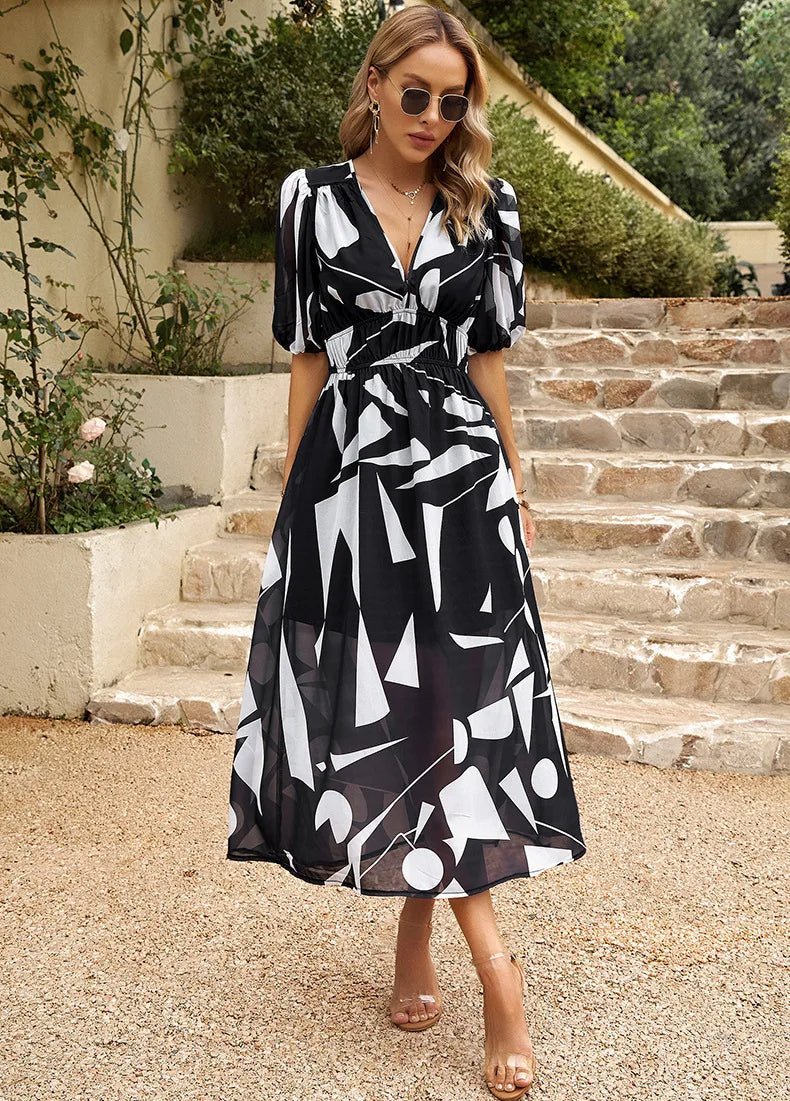 Abito Midi Donna | Stampa Floreale Artistica & Maniche a Palloncino