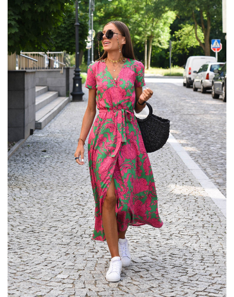 Abito Midi Donna | Stampa Floreale Bold & Scollatura a V Incrociata