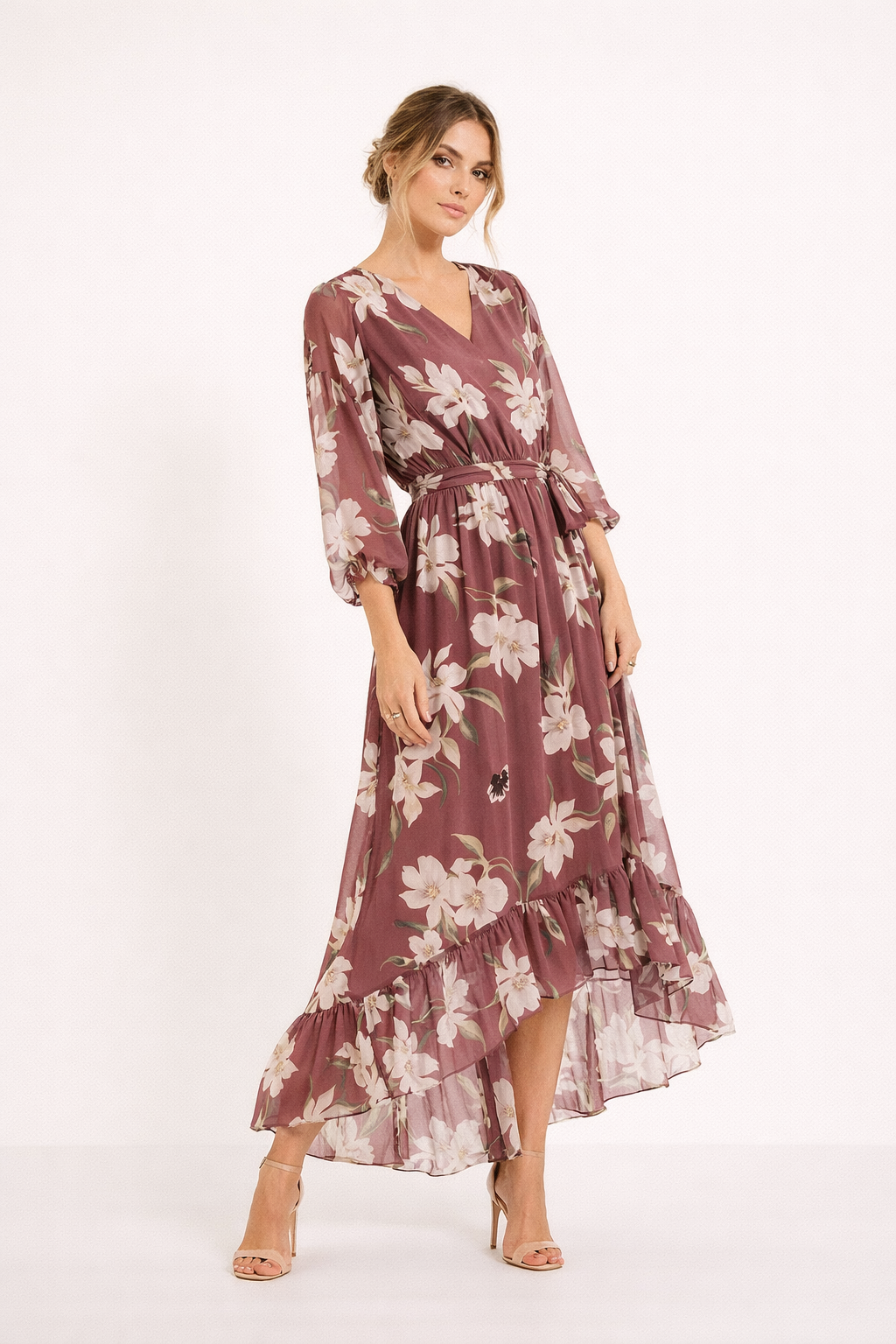 Abito Midi Donna | Stampa Floreale & Gonna Asimmetrica con Volant