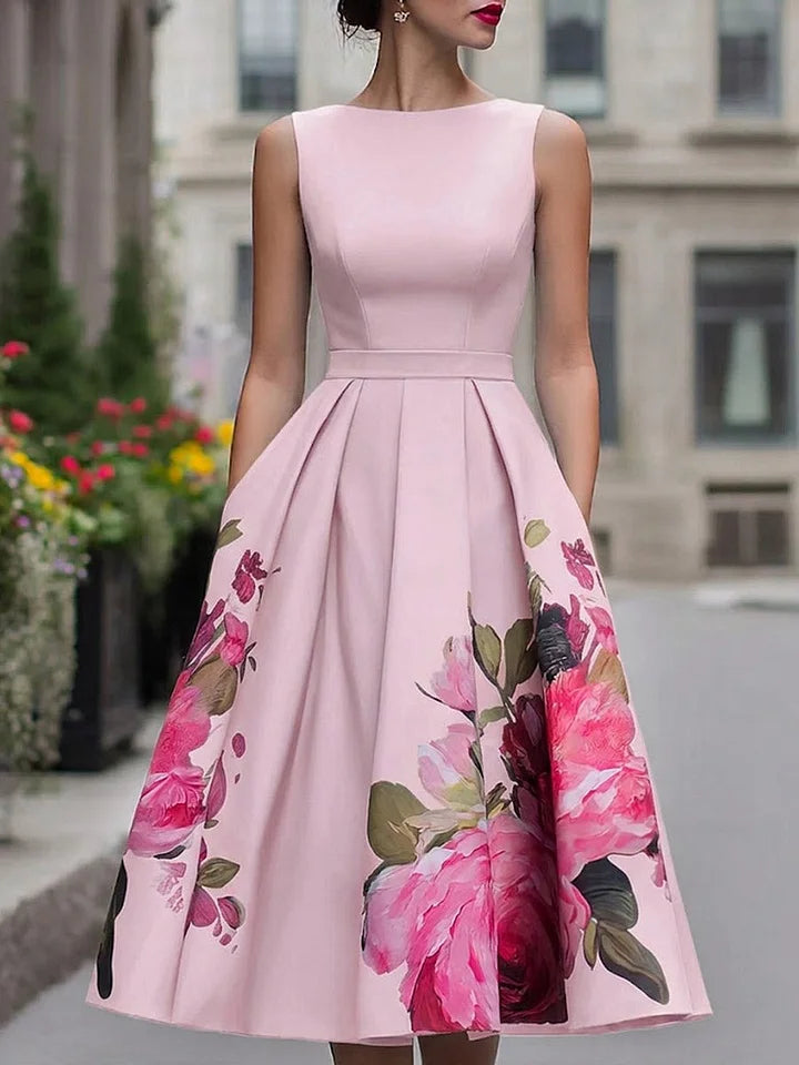 Abito Midi Donna | Svasato Floreale con Gonna a Ruota & Senza Maniche