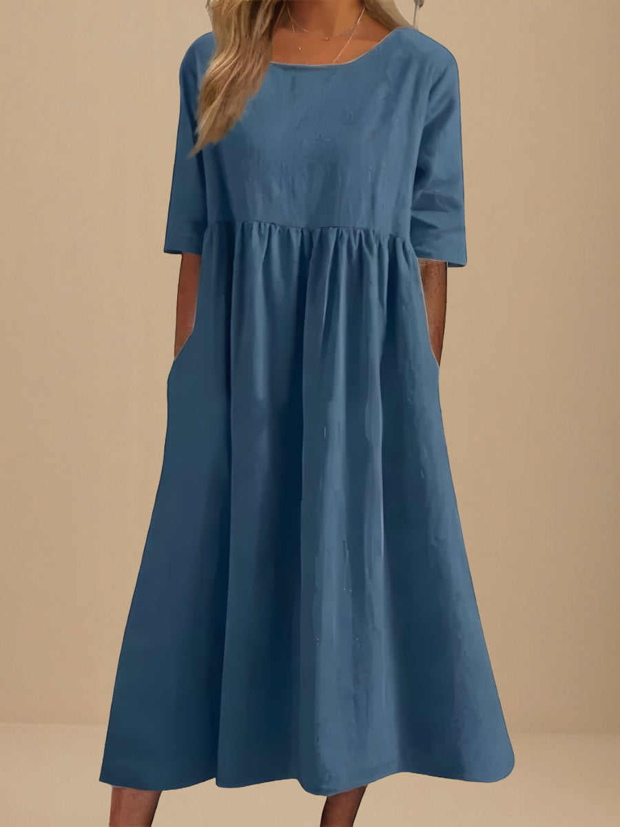 Abito Midi Donna | Vita Smock Raccolta & Gonna Svasata con Tasche